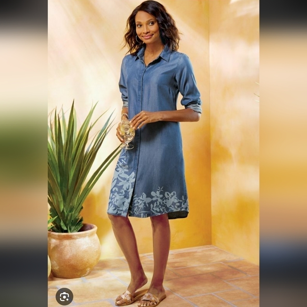 Soft Surroundings Shirt Dress Women's S Blue Floral Tencel Chambray